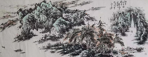 许红哲作品12《江岸人家图画中》  尺寸：90X240cm